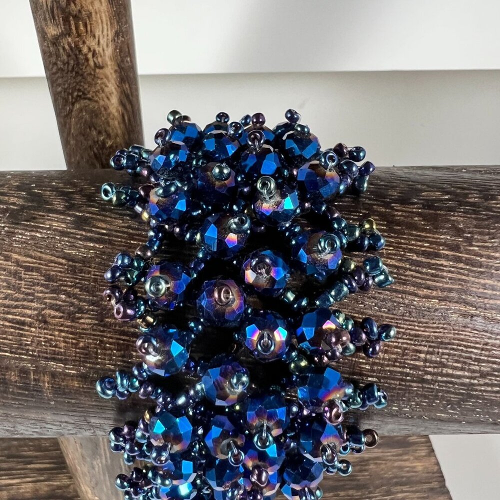 Handmade Beaded Cuff Bracelet With Iridescent Blue Glass Beads & Intricate Desig